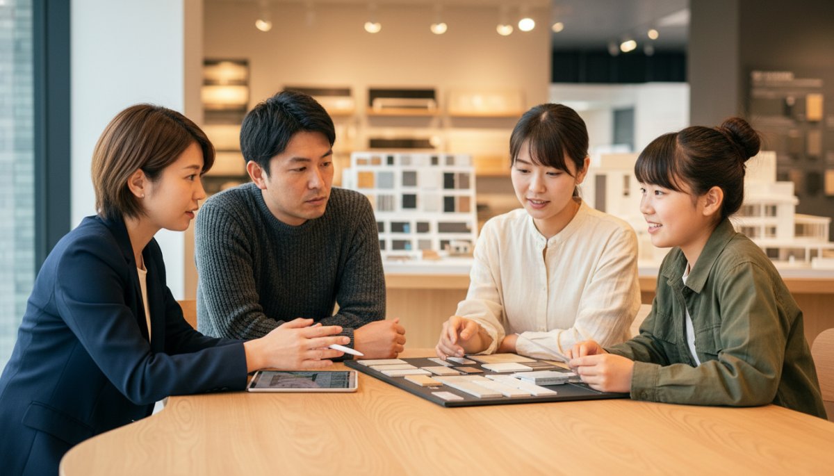 外構工事の打ち合わせをする家族と設計士