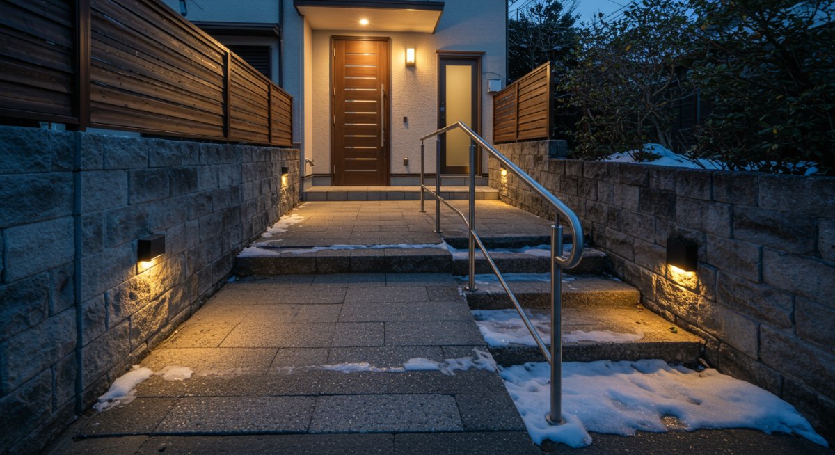 冬に安全な玄関アプローチと手すりの設置例