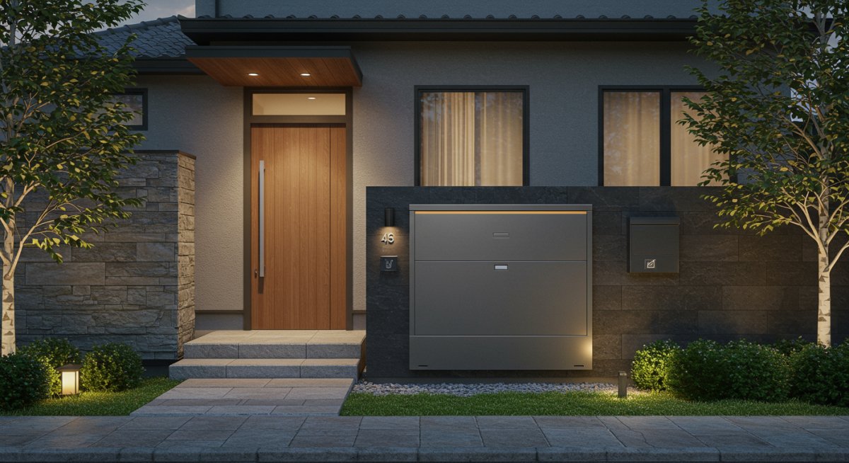 おしゃれなデザインの宅配ボックスと調和した外構