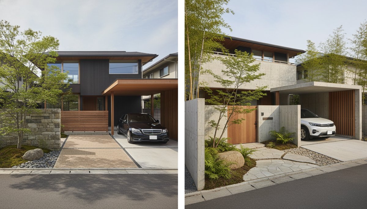 オープン外構とセミクローズ外構の比較イメージ